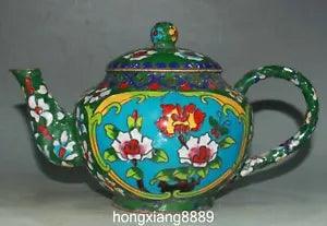 Old China Cloisonne Enamel Bronze Dynasty Palace Peony Flower Wine Teapot Flagon