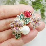 Luxurious Multi-color Peony Flower Pearl Woman's Brooch Pin Zircon Crystal Gifts