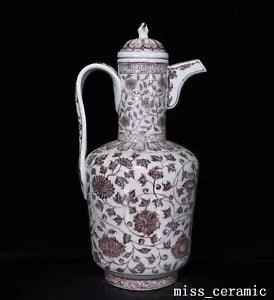 15.3" Old Porcelain ming dynasty xuande mark Underglaze red peony flower Teapot
