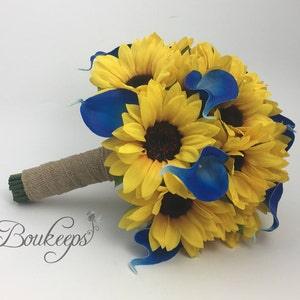 Choose Calla Lily & Ribbon Color - Sunflower Bouquet, Sunflower and Calla Lily Bouquet, Bridal Bouquet, Sunflower Wedding, Royal Blue