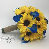 Choose Calla Lily & Ribbon Color - Sunflower Bouquet, Sunflower and Calla Lily Bouquet, Bridal Bouquet, Sunflower Wedding, Royal Blue