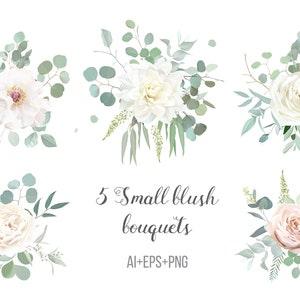 Classic pink rose, white dahlia, peony, beige ranunculus, mint eucalyptus, fern, sage blush greenery vector design wedding spring bouquets