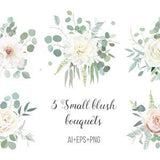 Classic pink rose, white dahlia, peony, beige ranunculus, mint eucalyptus, fern, sage blush greenery vector design wedding spring bouquets