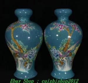 9" Qianlong Marked Famille Rose Porcelain Peony Flower Bird Vase Bottle Pair