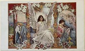 Antique Art Nouveau Angel Lilies Postcard Woman Crying and Playing Violin c1910