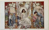 Antique Art Nouveau Angel Lilies Postcard Woman Crying and Playing Violin c1910