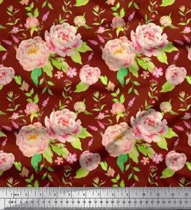 Soimoi Red Velvet Fabric Leaves & Peony Floral Printed Craft Fabric-8jK