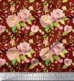 Soimoi Red Velvet Fabric Leaves & Peony Floral Printed Craft Fabric-8jK
