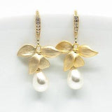 Gold-plated flower earrings, orchid earrings, blossom, flower earrings, pearl earrings, simple bridal jewellery, wedding jewellery