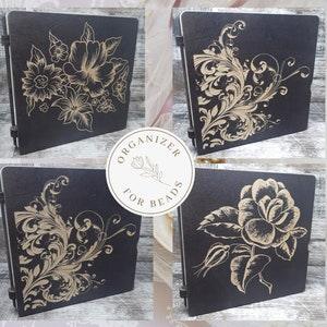 Wooden organizer for beads "Book". Flower, Rose, art/60 cells,2 acrylic lids inside/Bead embroidery box, seed, rhinestones, embroidery tools