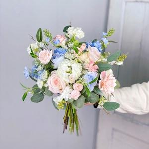 Boho Bridal Bouquet, Blush Pink and Blue Wedding Bouquet, Wedding Flower Bouquet,  Design in Rose, Ranunculus and Delphinium