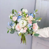 Boho Bridal Bouquet, Blush Pink and Blue Wedding Bouquet, Wedding Flower Bouquet,  Design in Rose, Ranunculus and Delphinium