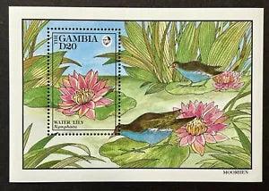GAMBIA FLOWERS & BIRDS STAMPS SS 1992 MNH WATER LILY FLOWER MOORHEN BIRD PLANT