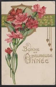 CG003 ART NOUVEAU New Year CARNATIONS FOUR LEAVE CLOVER Embossed 1905