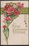CG003 ART NOUVEAU New Year CARNATIONS FOUR LEAVE CLOVER Embossed 1905
