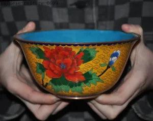 6'' Chinese bronze Cloisonne Riches peony flower palace dynasty Tea cup Bowl