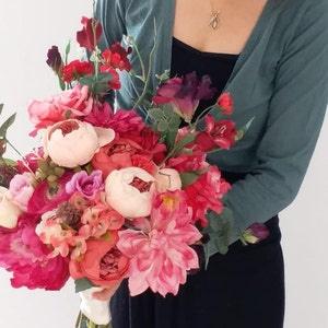 Deep Pink Bridal Bouquet, Peony, Rose, Elegant Silk Floral Bridal Bouquets, Organic Style Wedding flowers, Bridesmaid, Boutonnieres, Corsage