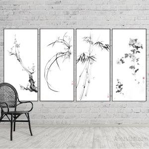 The Four Noble: Plum, Wild Orchid, Bamboo, Chrysanthemum ??  LARGE wall art, set of 4 original sumi-e paintings, asian Zen art