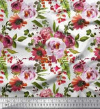 Soimoi White Velvet Fabric Leaves & Peony Floral Printed Fabric-A9m