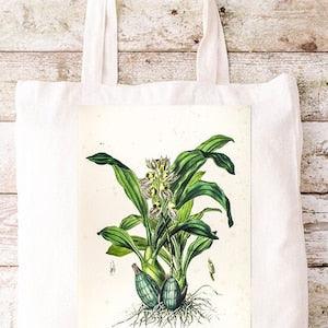 Classic Tote Bag with Orchid Vintage Flower Illustration, Flower Print, Botanical Illustration, Yellow Orchid, Victorian Print.