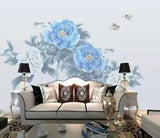 3D Blue Peony Flower ZHUA6406 Wallpaper Wall Murals Removable Self-adhesive Amy