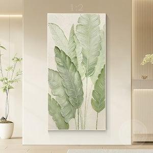 Organic-Style Tree Leaf Painting 3D Textured Art Banana Leaf Botanical Wall Art Abstract Painting Beige Green Original Plants Painting