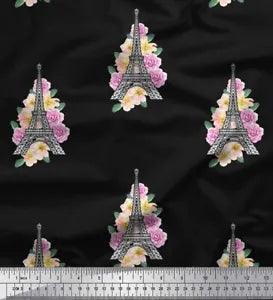 Soimoi Black Japan Crepe Satin Fabric Leaves,Peony & Eiffel Tower-w3J