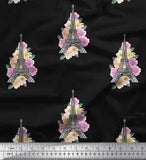 Soimoi Black Japan Crepe Satin Fabric Leaves,Peony & Eiffel Tower-w3J