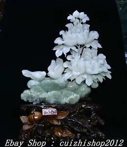 18" China Rare Natural Xiu Jade Carve Peony Flower Bird Magpie Animal Statue