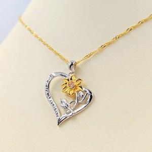 You Are My Sunshine Two Tone Pave Sunflower Heart Necklace; You Are My Sunshine Necklace; 925 Gold Sunflower CZ Necklace, Infinity Close