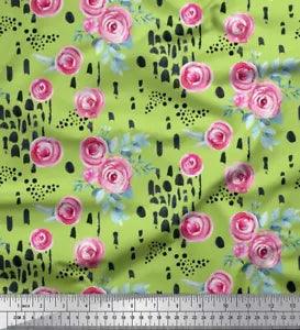 Soimoi Green Cotton Poplin Fabric Brush Stroke & Ranunculus Floral-TJ5