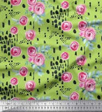 Soimoi Green Cotton Poplin Fabric Brush Stroke & Ranunculus Floral-TJ5