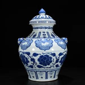 21.2" China Porcelain Yuan dynasty Blue white red peony flower beast ear Jar pot