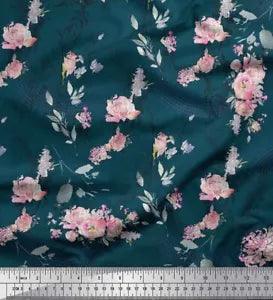 Soimoi Blue Cotton Poplin Fabric Blossom & Peony Floral Print Sewing-TsA