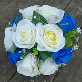 Ivory Rose Bridal Bouquet | Royal Blue Rose Bouquet | Rhinestone Bouquet | Horizon Blue Wedding Flowers| Morning Glory Bridesmaids Bouquets
