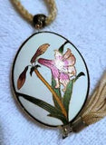 Vintage Cloisonn??? White Pink Lily Flower Pendant Double Puffy Sides W/Necklace