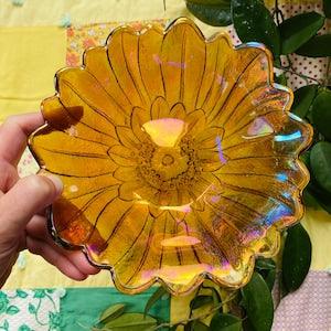 Vintage Indiana Glass Serving Bowl | Marigold Carnival Glass | Sunflower Iridescent Lusterware Glassware