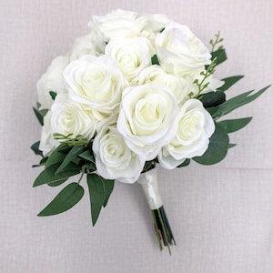 Rose Bridal Bouquets White and Greenery,  Artificial Silk Wedding Flowers, Roses Bridal Bridesmaids Flowers, Artificial Wedding Flowers