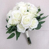 Rose Bridal Bouquets White and Greenery,  Artificial Silk Wedding Flowers, Roses Bridal Bridesmaids Flowers, Artificial Wedding Flowers