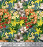 Soimoi Green Cotton Poplin Fabric Leaves| & Lily Floral Printed-XLr