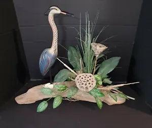 Vintage Blue Heron on Driftwood Faux Floral Table Arrangement