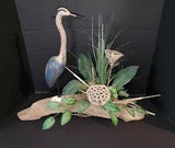 Vintage Blue Heron on Driftwood Faux Floral Table Arrangement