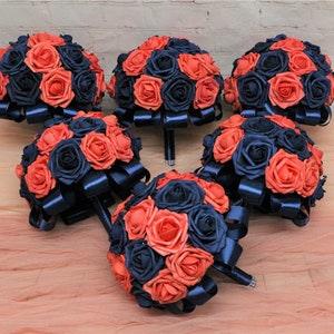 Navy and Coral Bouquet, Navy Bridal Bouquet, Coral Wedding Bouquet, Fake Rose Flower Bouquet, Bridesmaid Bouquet DJ-126