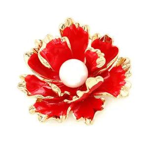 Women's Charming Red Peony Flower Pendant Gold Enamel Pearl Charm Brooch Pin