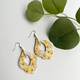 Cork and Leather sunflower earrings in a Chandelier shape, bright floral pattern, Statement jewelry, lightweight Boho drop earrings