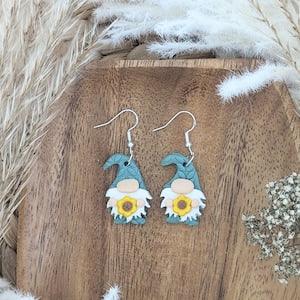Sunflower Garden Gnome Earrings Spring Polymer Clay Jewelry 925 Sterling Silver Hooks Flower Floral Season Studs