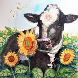 Printing of original Watercolor Painting, Cow with Sunflower,210411