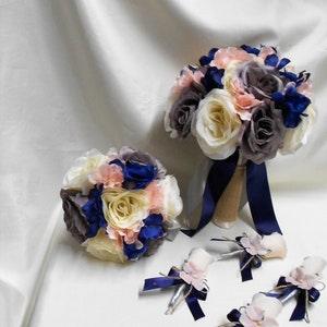 Wedding Silk Flower Bridal Bouquets 18 pcs Package Ivory Grey Rose Navy Blue Pink/Blush Toss Bridesmaids Boutonnieres Corsages New