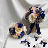 Wedding Silk Flower Bridal Bouquets 18 pcs Package Ivory Grey Rose Navy Blue Pink/Blush Toss Bridesmaids Boutonnieres Corsages New