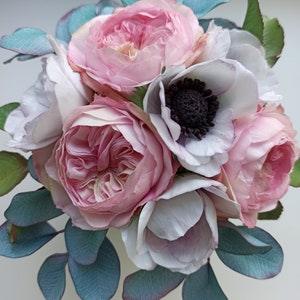 Pink peony rose, Bride bouquet for wedding, Artificial eucalyptus, Realistik David Austin Cabbage Rose, Real touch flower, White Anemones